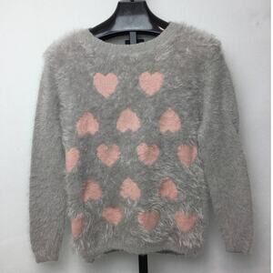 Maddison Pullover Sweater Womens Large Fluffy Gray Pink Hearts